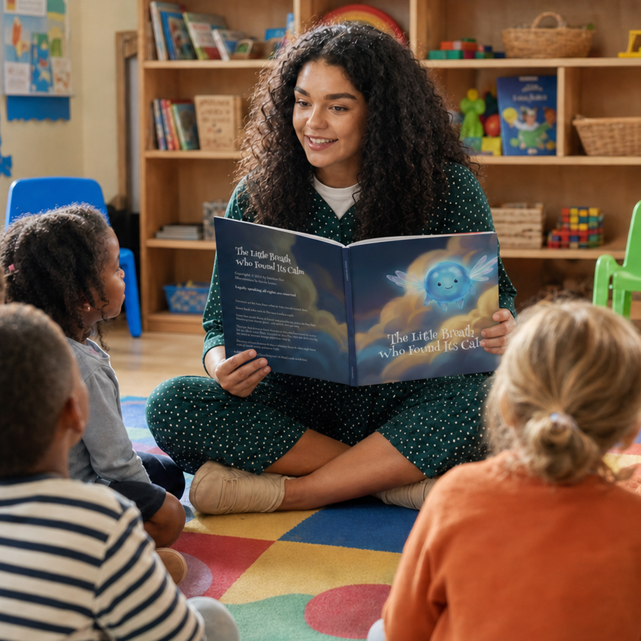 A teacher reading Bree's story to a circle of children sitting on a classroom rug