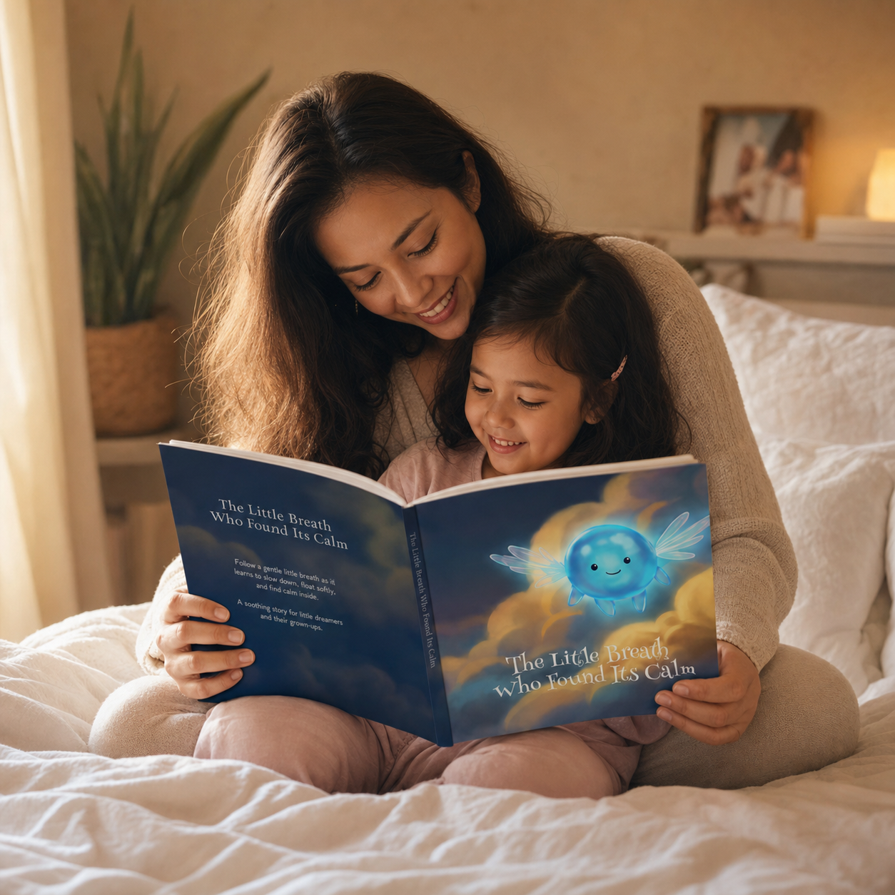 A mother and her daughter reading the book together on a bed at bedtime
