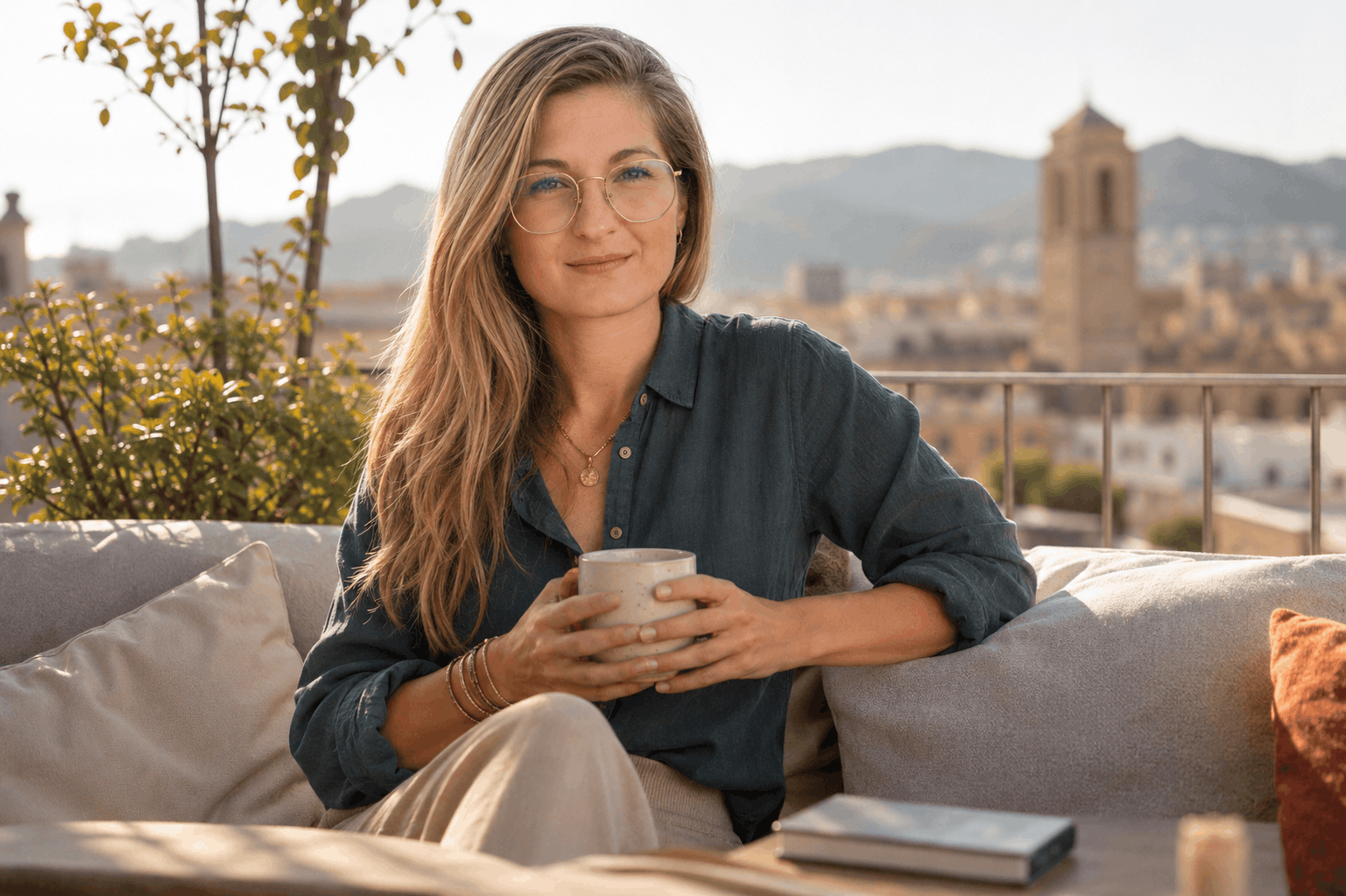 Simina, the writer behind Little Stories, on a Barcelona rooftop terrace